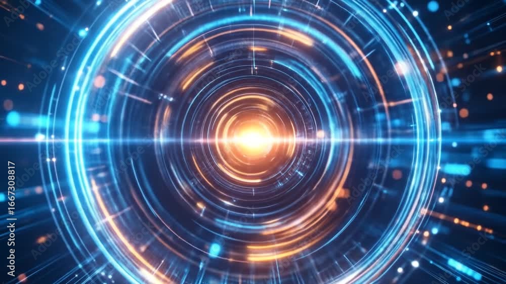 Poster abstract digital tunnel background with glowing blue and orange light circular shapes and lines in a