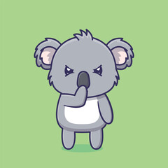 Grumpy Koala Bear Cartoon Mascot Character Standing with a Serious or Angry Expression and Paws Up to Its Mouth