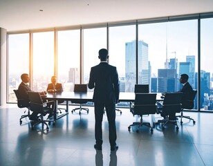 Diverse business team in modern office boardroom with city view presentation
