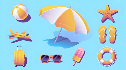 Assortment of colorful 3D summer vacation icons on blue