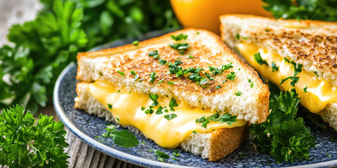 A melted cheese sandwich with parsley is placed on a blue plate surrounded by fresh greens. Comfort food and fresh ingredients