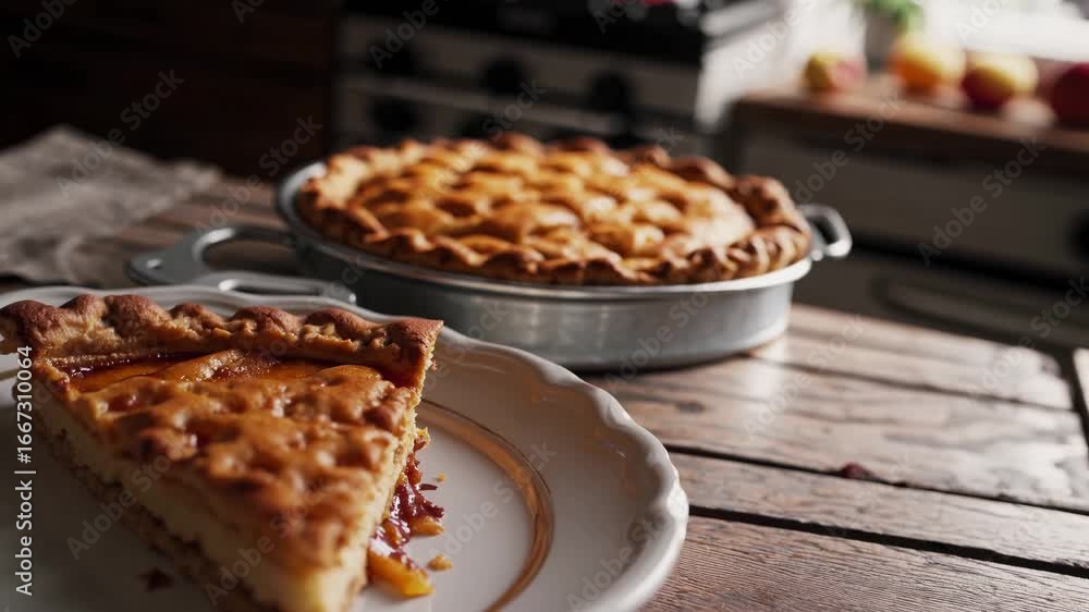 Poster close-up video shot of a slice of pie on a rustic wooden table. the shallow depth of field highlight