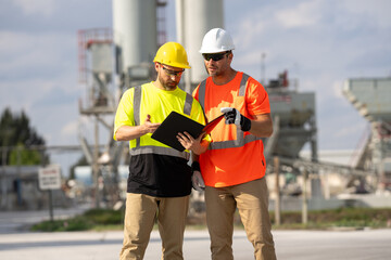 chemical industry plant - workers in work clothes in a refinery with pipes and machinery. Worker in...