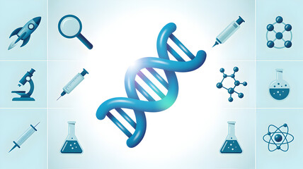Central DNA Helix Surrounded By Science Icons On Blue Grid