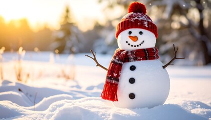 Obraz premium Happy Snowman Enjoying a Beautiful Winter Sunset.
