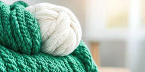 Green knitted fabric with a white yarn ball on top. Cozy and creative crafting material
