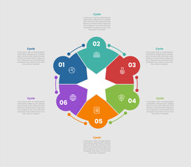 cycle and circular shape business process infographic diagram with star center and half circle badge with 6 step for slide presentation