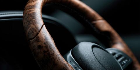 A luxury car steering wheel is prominently displayed with a sleek, wooden finish and detailed stitching. Automotive elegance and design