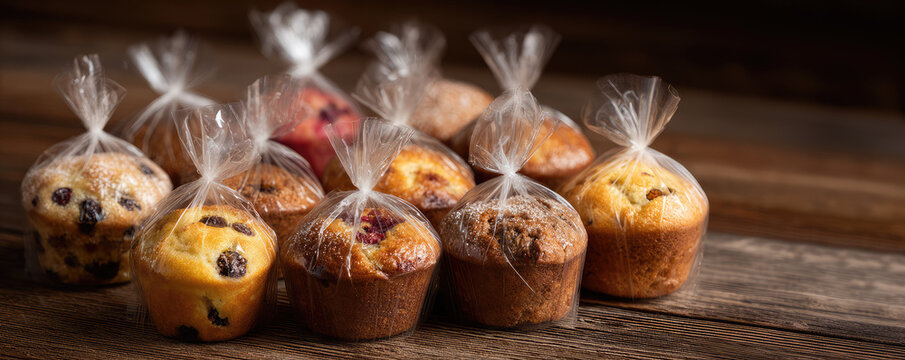 Muffins wrapped in plastic are neatly arranged on a wooden surface. Freshly baked treats, ready for enjoyment - Powered by Adobe