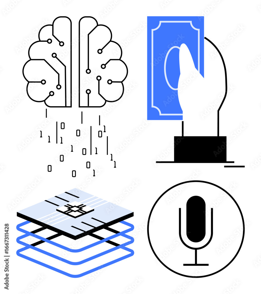 Poster brain with binary code, hand holding cash, layered data, and microphone. ideal for ai, fintech, data