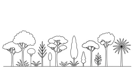 Monochrome outlines of diverse trees forming a simple, continuous woodland landscape