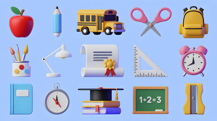 Collection of 3D Rendered School Supplies on Blue Background