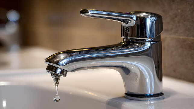 A chrome faucet dripping water into a white sink.