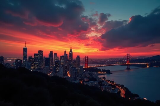 Iconic San Francisco skyline at sunset, dramatic clouds , night, sunset, day