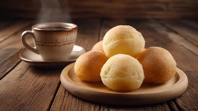 Brazilian Cheese Bread (P&atilde;o de Queijo) with Hot Coffee &ndash; Traditional Breakfast Food Photography