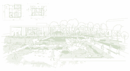 Obraz premium Detailed Architectural Design Sketch Featuring People and a Green Landscape