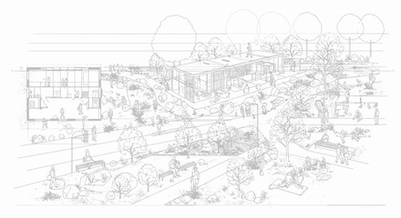 Architectural Sketch: Modern Buildings Integrated in Park Landscape with People