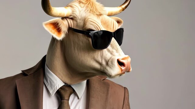 Sophisticated Bull: An artistic and satirical representation of a bull in a suit, sporting sunglasses, embodying strength, and style.