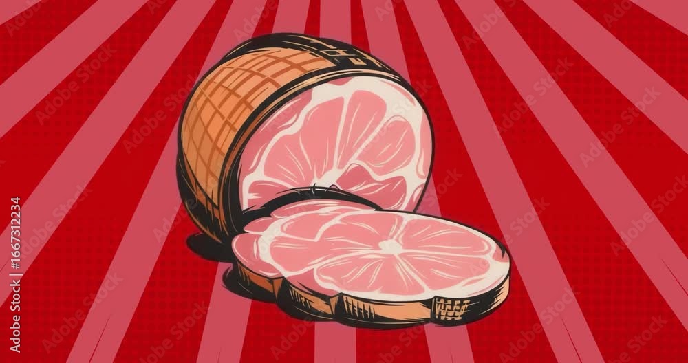 Poster on start ham half and round slices staying centered on red pop-art stripes showing branding