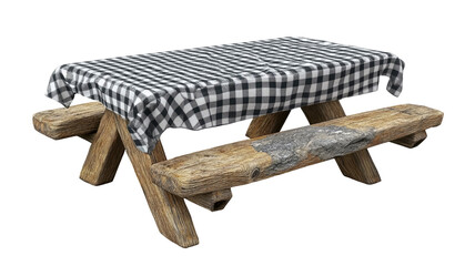 Rustic wooden picnic table with classic black and white checkered gingham tablecloth draped over its surface, isolated on stark black background