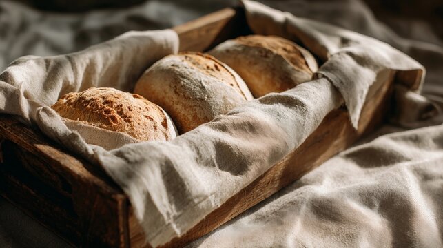 Artisan bread rolls in a rustic wooden crate lined with linen cloth, moody natural light bakery still life
