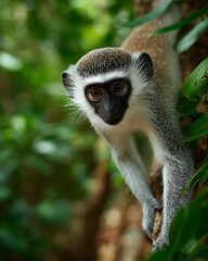 Obraz premium A green monkey perched on a tree branch in a lush forest.