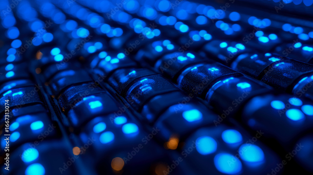 Poster dynamic abstract close-up of dark technological elements with vibrant blue backlighting, creating me
