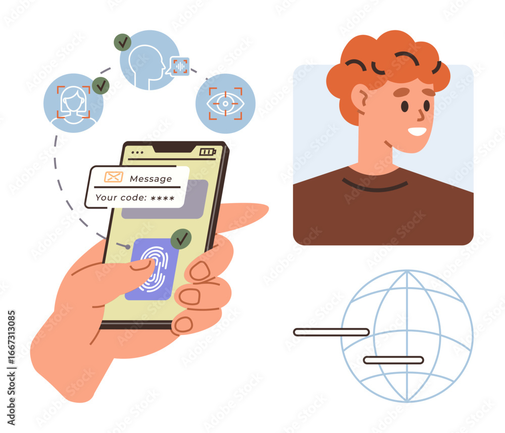 Poster hand using smartphone with biometrics and code authentication, user profile icon, digital security s