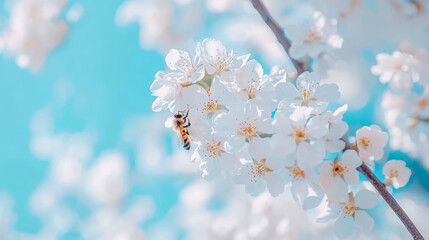 Obraz premium Diligent honey bee meticulously collects nectar from cluster of delicate white cherry blossoms, set against vibrant and softly blurred turquoise spring sky, symbolizing beauty and renewal of nature