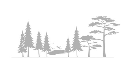 Obraz premium Minimalist forest scene with silhouettes of trees, birds and a small pond landscape