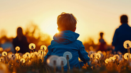 Young child in blue jacket sits amidst field of glowing dandelions, silhouetted against warm, golden sunset with blurred family figures in distance.