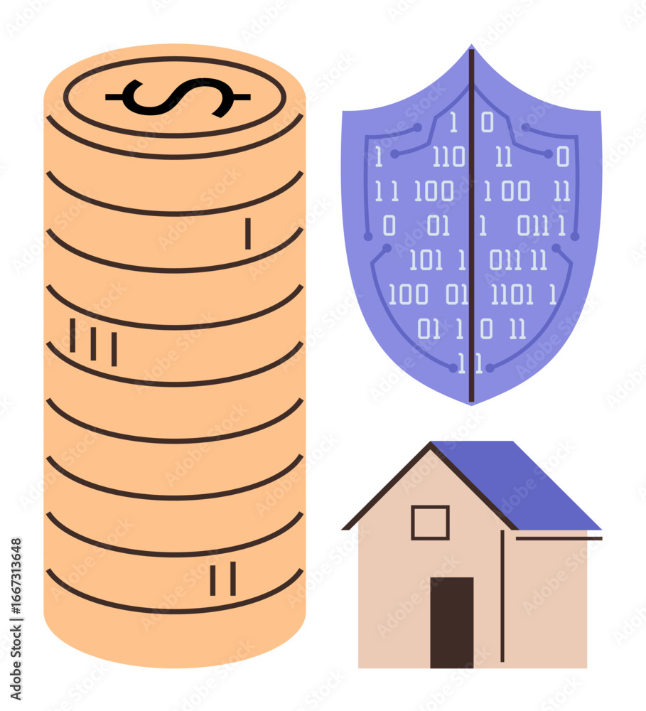 Poster stacked coins represent wealth, shield with binary focuses on cybersecurity, house symbolizes home. 
