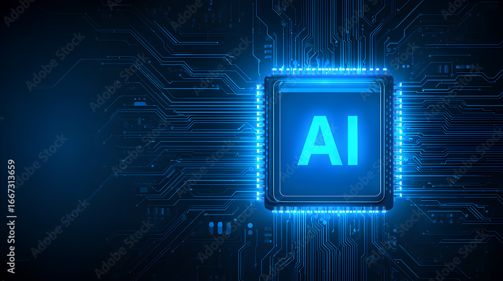 Poster ai chip with light glowing neon frame on circuit board. technology ai blue background. artificial in