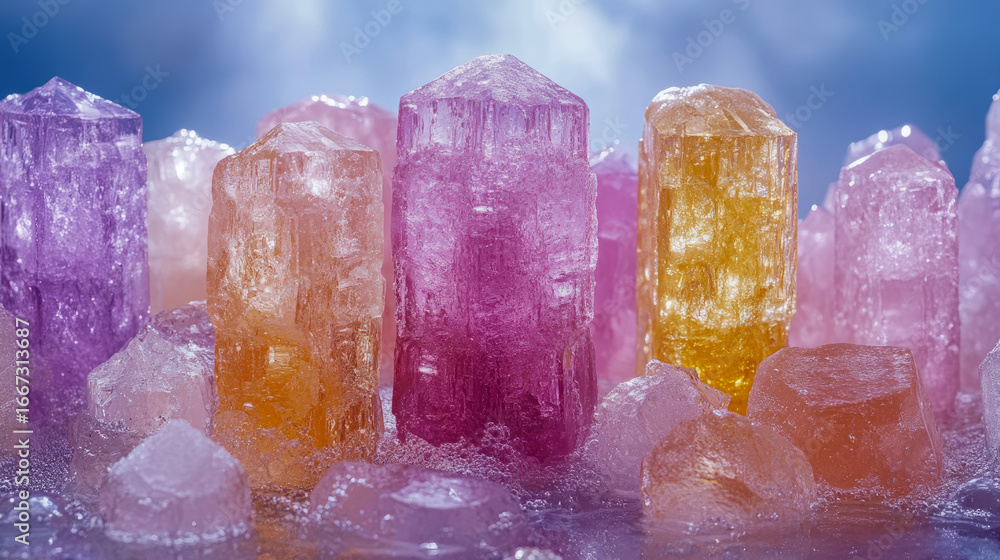 Poster vibrant and translucent crystals in colorful array, partially submerged in sparkling water with bubb