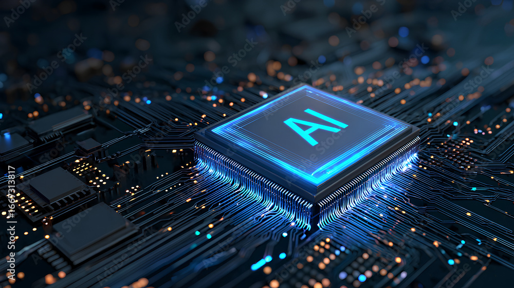 Poster ai chip with light glowing neon frame on circuit board. technology ai blue background. artificial in