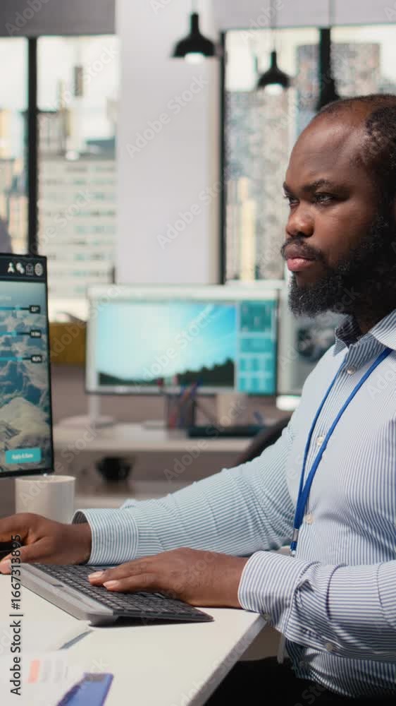 Poster engineer in office working on power lines pole cad design to develop technology improving environmen