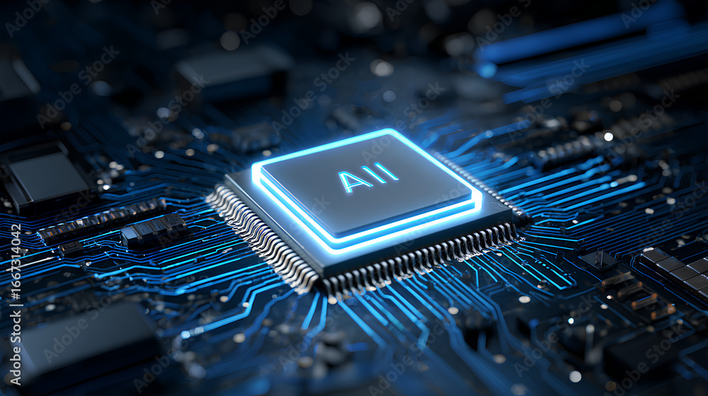 Poster ai chip with light glowing neon frame on circuit board. technology ai blue background. artificial in