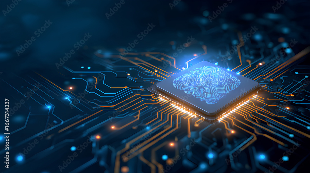 Poster ai quantum computer concept. artificial intelligence chip on a circuit board on a technology blue ba