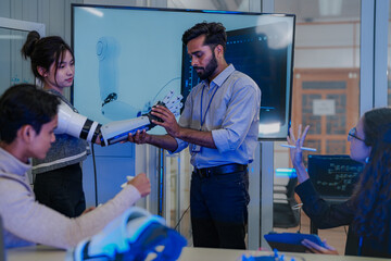A multidisciplinary team in an agile R&D session for a bionic limb. They assemble prototypes while...