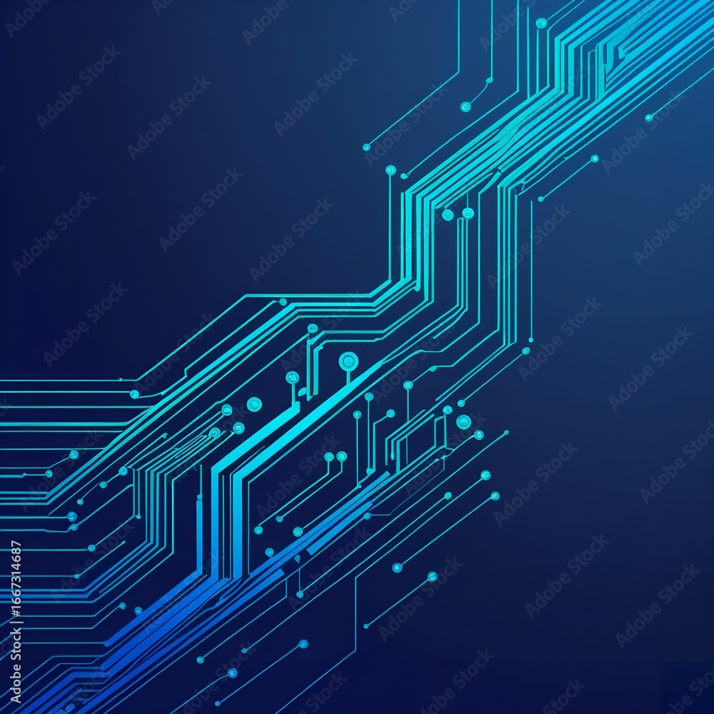 Poster abstract digital circuit board design with interconnected lines and glowing blue hues.