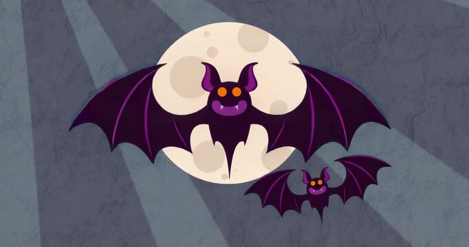 Scene opening causing purple bats hovering on full moon wing-flapping looping light rays shifting