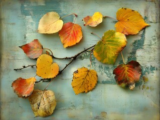 Fototapeta premium Autumn Leaves on Rustic Wooden Background Still Life Photography