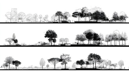 Architectural Drawings, Minimal style cad tree line drawing, Side view, set of section wetland forest outline for landscape design drawing. Vector illustration in seperate element Stock Vector