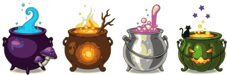 Set of witches cauldrons with colorful potions isolated on a white background. Vector illustrations
