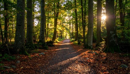 Obraz premium Enchanting woodland trail bathed in sunlight, perfect for nature scenery