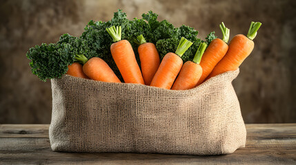 Burlap bag filled with fresh organic carrots and kale sits on rustic wooden table, creating natural and healthy vibe