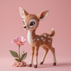 Ciervo bebé caricaturesco con flor rosa sobre fondo pastel