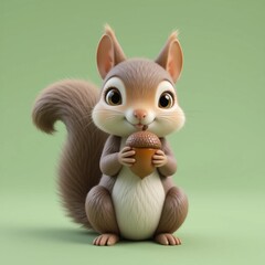 Ardilla caricaturesca tierna sosteniendo una bellota sobre fondo verde