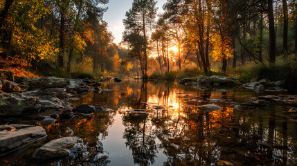 Obraz premium Autumn Sunset in a Forest: Reflections in a Waterway