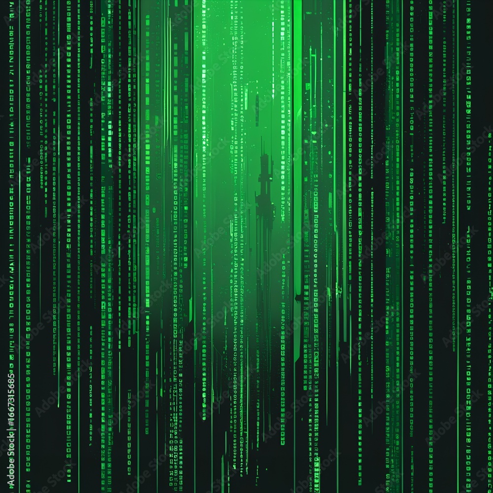 Aufkleber abstract digital rain of green code cascading down a dark background, creating a matrix-like effect.